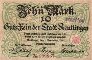 Német Birodalom/Weimari Köztársaság/Reutlingen 1918.11.1. 10M (5x) egymásutáni sorszámmal, hivatalos...
