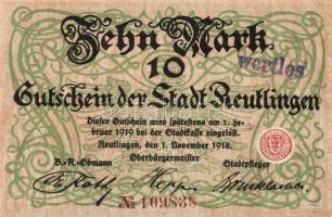 Német Birodalom/Weimari Köztársaság/Reutlingen 1918.11.1. 10M (5x) egymásutáni sorszámmal, hivatalos...