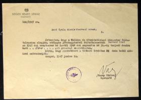 1947 Vaszy Viktor a Szegedi Nemzeti Színház igazgatójának aláírása levélen