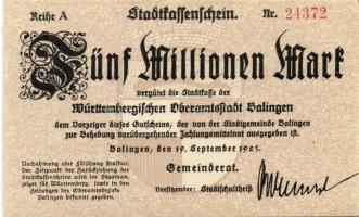 Német Birodalom/Weimari Köztársaság/ Balingen 1923.9.19. 5000.000M (5x) egymásutáni, ill. kis ugrású...