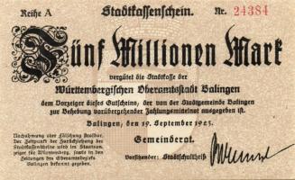 Német Birodalom/Weimari Köztársaság/ Balingen 1923.9.19. 5000.000M (3x) egymásutáni, ill. kisugrású ...