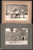 cca 1910-1920 Nagykerekű lovas fogat részben katonákkal a Távol-Keleten, 2 db kartonra kasírozott fotó, 12×17 cm