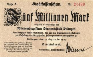 Német Birodalom/Weimari Köztársaság/ Balingen 1923.9.19. 5000.000M (3x) kis ugrású sorszámmal T:I,II