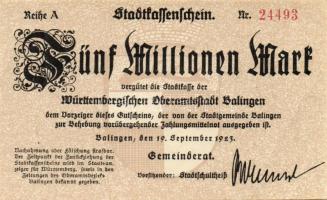 Német Birodalom/Weimari Köztársaság/ Balingen 1923.9.19. 5000.000M (3x) kis ugrású sorszámmal T:I,II