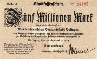 Német Birodalom/Weimari Köztársaság/ Balingen 1923.9.19. 5000.000M (3x) kis ugrású sorszámmal T:I,II