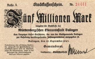 Német Birodalom/Weimari Köztársaság/ Balingen 1923.9.19. 5000.000M (5x) egymásutáni sorszámmal T:I
