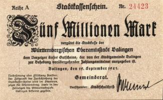 Német Birodalom/Weimari Köztársaság/ Balingen 1923.9.19. 5000.000M (3x) egymásutáni sorszámmal T:I