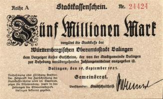 Német Birodalom/Weimari Köztársaság/ Balingen 1923.9.19. 5000.000M (3x) egymásutáni sorszámmal T:I