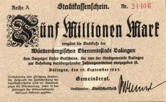 Német Birodalom/Weimari Köztársaság/ Balingen 1923.9.19. 5000.000M (4x) egymásutáni sorszámmal T:I