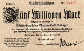 Német Birodalom/Weimari Köztársaság/Balingen 1923.9.19. 5000.000M (4x) egymásutáni sorszámmal T:I