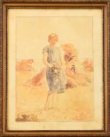 Molnár (?) jelzéssel: Hölgy. Akvarell, ceruza, papír. Üvegezett fa keretben. 27x19,5 cm