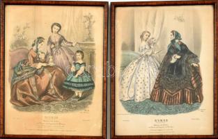 cca 1859-1863 2 db francia divatillusztráció, LIris moniteur des Modes. Színezett acélmetszet, papír. Üvegezett fa keretben. 24x18,5 cm