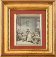 Nicolas André Monsiau (1754-1837) után, Rémi Delvaux (1748/1750-1823) metszése: A fűző, 1796 (divatmetszet). Rézmetszet, papír. Jelzett a metszeten. 21x15 cm. Üvegezett, dekoratív fa keretben.