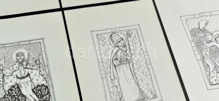 Sinkó Veronika (1945-): Magyar szentek 12 db illusztráció, tus, vegyes technika. Jelzettek. 12x19 cm