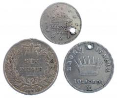 3db-os rossz tartású érme tétel, közte Nagy-Britannia 1836. 6p Ag VI. Vilmos, Olasz Államok / Napóleon Királysága 1808. 10s Ag T:2,2- ly., fülnyom 3pcs of silver coins in bad condition, among the Great Britain 1836. 6 Pence Ag William VI, Italian States / Kingdom of Napoleon 1808. 10 Soldi Ag C:XF,VF hole, earmark