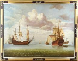 Oláh István (?-): Vitorlások. Olaj, vászon, jelzett. Dekoratív fa keretben, 76x106 cm