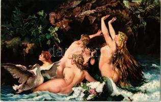 Nymphen / Erotic nude lady art postcard. Stengel s: Hans Makart