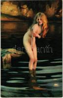 Im Zwielicht / Erotic nude lady art postcard. Stengel s: Paul Chabas