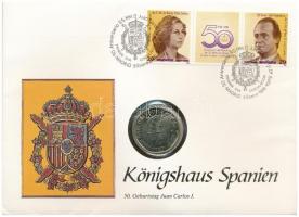 Spanyolország 1987. 500P Al-Br "János Károly és Zsófia", "Spanyol királyi ház" érmés borítékban, bélyeggel, bélyegzéssel T:2 Spanyolország 1987. 500 Peseta Al-Br "Juan Carlos and Sofia" in "Spanish royal house" in envelope with stamp and cancellation C:XF Krause KM# 831