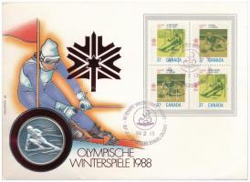 Svájc 1988. 1988 Téli Olimpia jelzett Ag emlékérem érmés borítékban, bélyeggel, alkalmi bélyegzéssel, német nyelvű leírással (0.999) T:1- patina Switzerland 1988. 1988 Winter Olympics hallmarked Ag commemorative medallion in envelope with stamp, with German description (0.999) C:AU patina