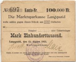 Német Birodalom/Weimari Köztársaság/Langquaid 1923.8.15. 100.000M T:II/III