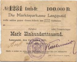 Német Birodalom/Weimari Köztársaság/Langquaid 1923.8.15. 100.000M T:II/III