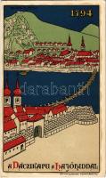 Budapest anno 1794. A Váczikapu a Hajóhíddal. Geittner és Rausch kiadása, Art Nouveau litho (EM)