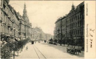 1907 Budapest VII. Erzsébet körút, villamos, üzletek