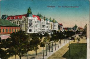 1918 Debrecen, Első Takarékpénztár palotája, Kontsek Kornél üzlete, villamos. Thaisz A. kiadása (EK)