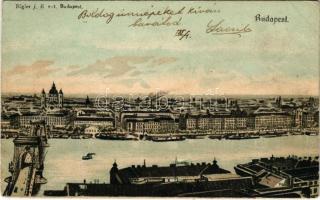 1899 Budapest, látkép, Lánchíd. Rigler J. E. r.-t. litho (lyuk / pinhole)