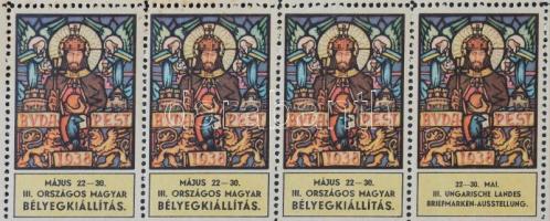 1938 III. Országos bélyegkiállítást és kapcsolódó eseményeket reklámozó 4 nyelvű levélzáró ív (hajto...