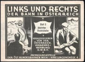 cca 1920-1930 Links und Rechts, Der Bahn in Österreich, Blatt 5, Amstetten-Bischofshofen. Herausgegeben von der Österreich. Verkehrs-Werbung G.m.b.H. / kihajtható panorámakép, korabeli hirdetésekkel, 90x11 cm