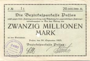 Német Birodalom/Weimari Köztársaság/Passau/Bezirksparkasse 1923.9.30. 20.000.000M hivatalos érvénytelenítéssel T:II+
