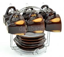 Állványos kávés készlet, mázrepedt, egyik alj restaurált m: 17 cm