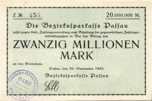 Német Birodalom/Weimari Köztársaság/Passau/Bezirksparkasse 1923.9.30. 20.000.000M T:I-