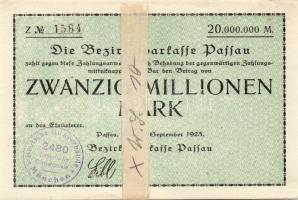 Német Birodalom/Weimari Köztársaság/Passau/Bezirksparkasse 1923.9.30. 20.000.000M korabeli ragasztócsíkkal, rajta megjegyzéssel T:I