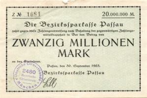Német Birodalom/Weimari Köztársaság/Passau/Bezirksparkasse 1923.9.30. 20.000.000M T:II- Felső ívszéli beszakadással!