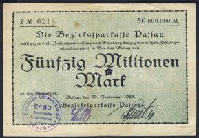 Német Birodalom/Weimari Köztársaság/Passau/Bezirksparkasse 1923.9.30. 50.000.000M hivatalos érvénytelenítéssel T:II/III