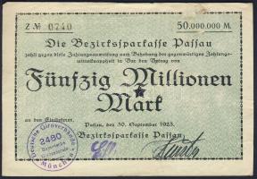 Német Birodalom/Weimari Köztársaság/Passau/Bezirksparkasse 1923.9.30. 50.000.000M hivatalos érvénytelenítéssel T:II/III