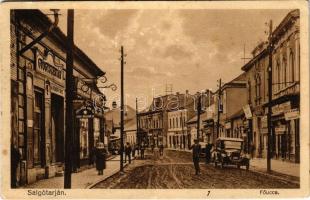 1929 Salgótarján, Fő utca, Gyógyszertár a Reményhez, Keszler Árpád órás és ékszerész, Guttmann üzlete, autó gumi javítás és bérautó, automobil (Rb)