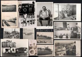 cca 1920-1940 12 db magyar hajókat ábrázoló fotó és fotólap, részben feliratozottak, 8x3,5 cm és 14,5x9 cm közötti méretben