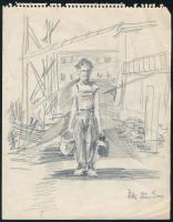 Ék Sándor (1902-1975): Portré. Szén, papír. Jelzett. Kétoldalas mű, hátoldalán munkást ábrázoló rajz...