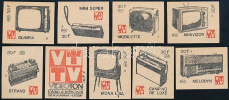 1968 Videoton rádió és televízió gyufacímkék, 9 db-os sorozat