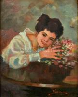 Vidor Pál (1892 - ?): Nő virággal. Olaj, vászon, sérült üvegezett keretben, 32x23cm.