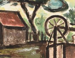 Bortnyik Sándor (1893 - 1976): Ház fával és kerekes kúttal. Monotípia (vegyes technika), papír. 23x3...