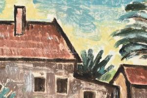 Bortnyik Sándor (1893 - 1976): Ház fával és kerekes kúttal. Monotípia (vegyes technika), papír. 23x3...