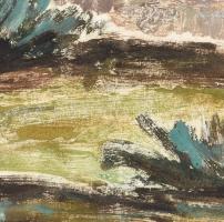 Bortnyik Sándor (1893 - 1976): Ház fával és kerekes kúttal. Monotípia (vegyes technika), papír. 23x3...