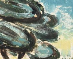 Bortnyik Sándor (1893 - 1976): Ház fával és kerekes kúttal. Monotípia (vegyes technika), papír. 23x3...