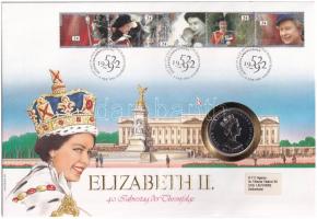 Falkland-szigetek 1992. 50P Cu-Ni II. Erzsébet uralkodásának 40. évfordulója érmés bélyeges borítékban német nyelvű ismertetővel T:1 Falkland Islands 1992. 50 Pence Cu-Ni 40th Anniversary - Reign of Queen Elizabeth II in coin envelope with stamps, with information in German C:UNC