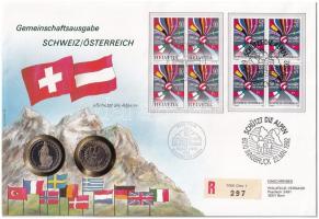 Ausztria 1991. 10Sch Cu-Ni + Svájc 1991. 2Fr Cu-Ni Az Alpok védelme érmés borítékban, bélyeggel, bélyegzéssel T:1 Austria 1991. 10 Schilling Cu-Ni + Switzerland 1991. 2 Francs Cu-Ni Protects the Alps in envelope with stamp and cancellation C:UNC